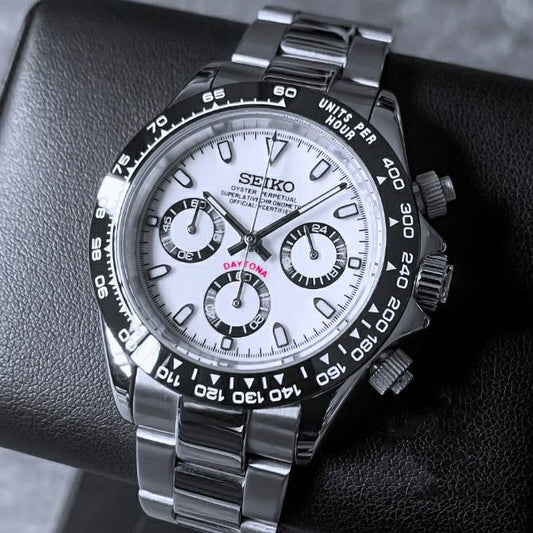 Seiko Mod Chronograph Homage VK63 Quartz Movement OysterLock Strap Black&White 40mm Watch